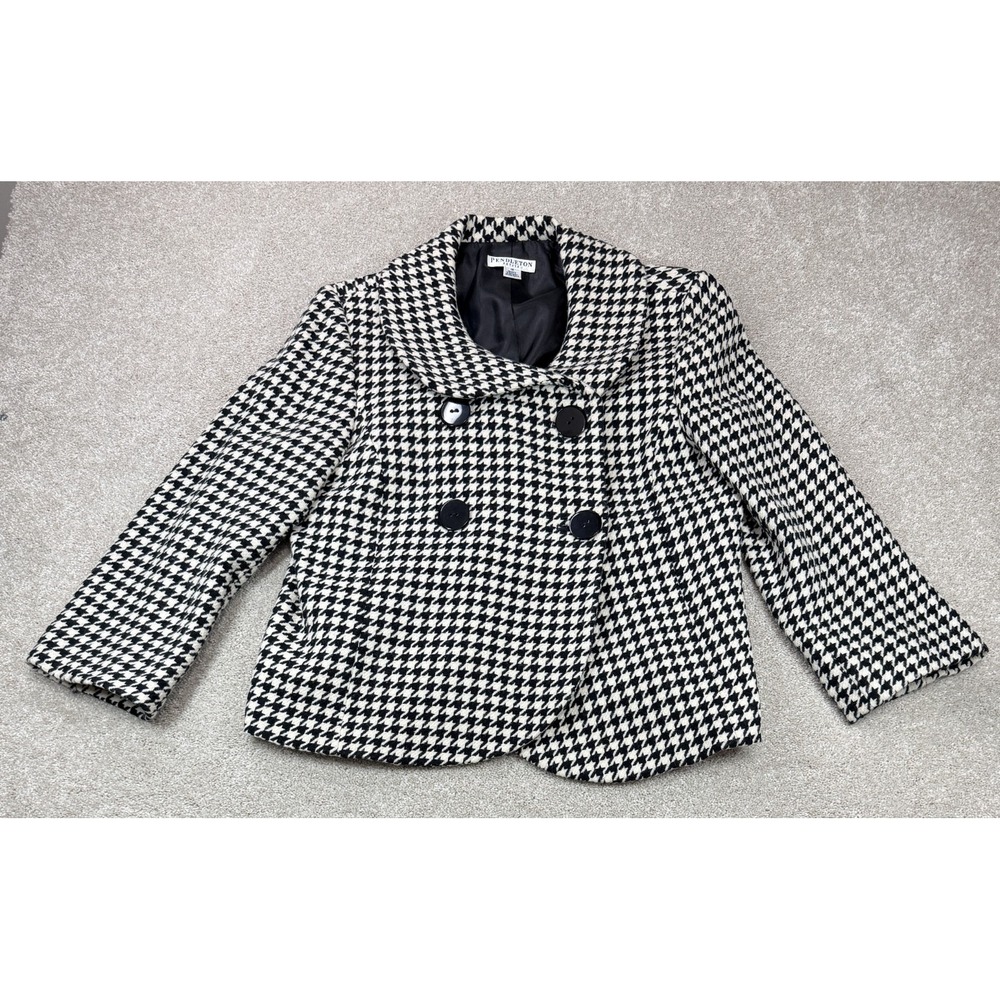PENDLETON 100% Wool Womens 16 Petite Houndstooth Check Button Shawl Pea Coat USA